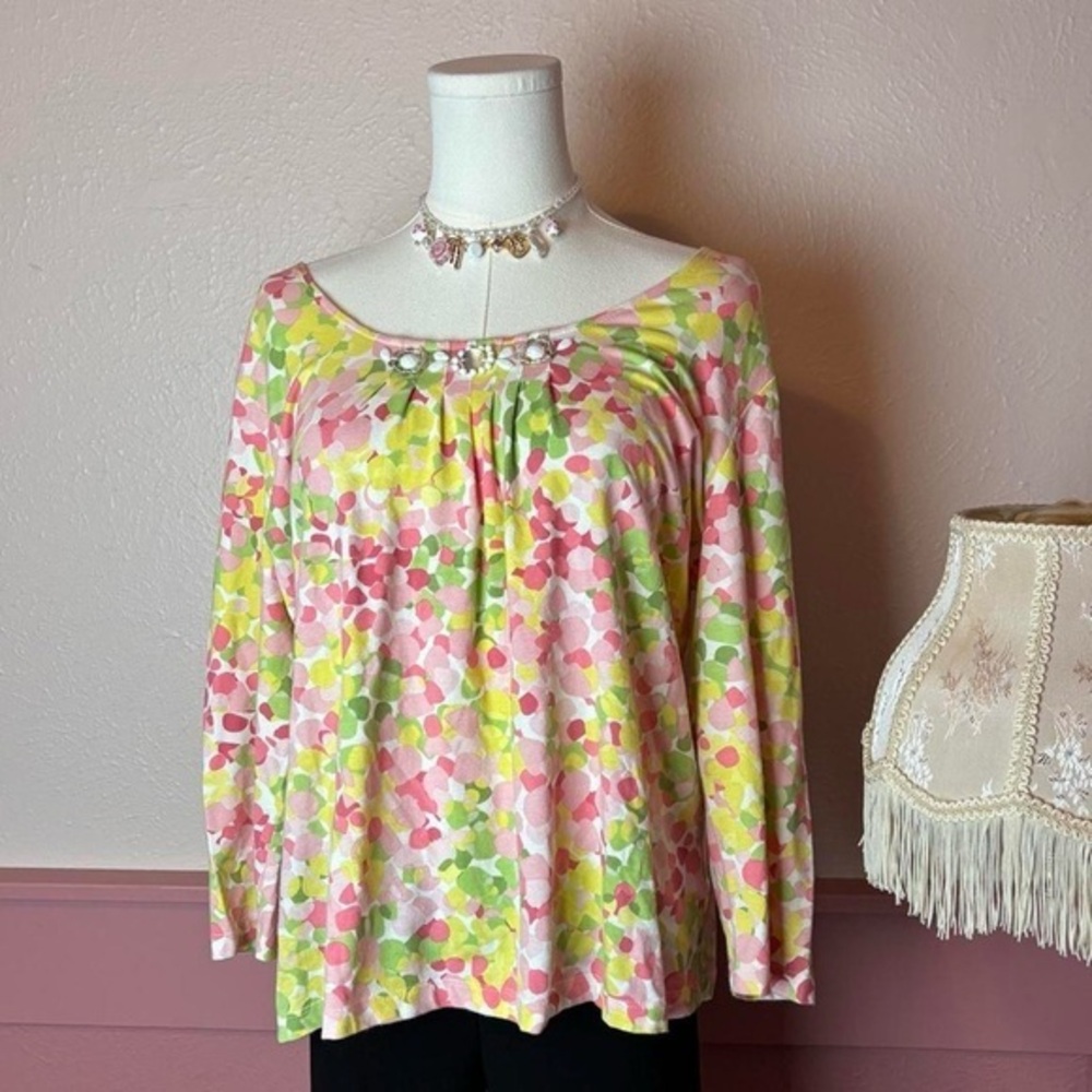 ruby red vtg cottage grandma core pastel floral blouse large pink yellow green